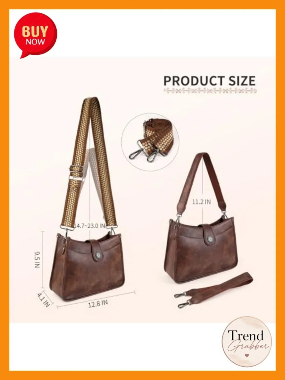 Vegan Leather Hobo Crossbody Bag with 2 Straps